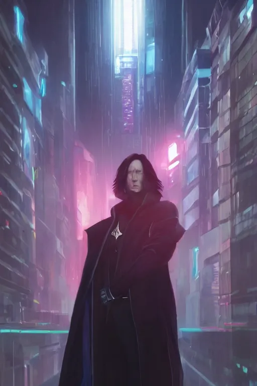 Prompt: portrait of cyborg severus snape in cyberpunk, neon lighting, night city, digital art from artstation by Ruan Jia and Mandy Jurgens and Artgerm and william-adolphe bouguereau and Greg Rutkowski