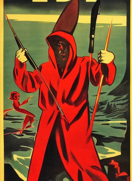 Image similar to man in hood and red eyes with a knife, 1940s propaganda poster, full hd,highly detailed