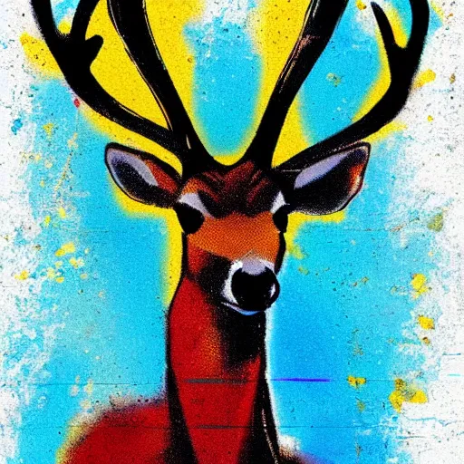 Image similar to deer smoking a cigarette, stylized, artistic, expressive, blue and yellow colors, thick brush strokes