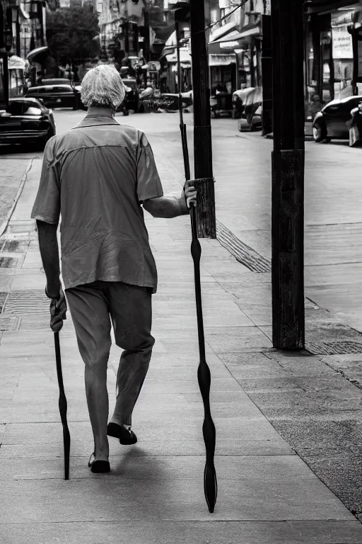 Prompt: man walking down a street holding two canes, detailed face, full shot, 4k high res, 120 black and white film