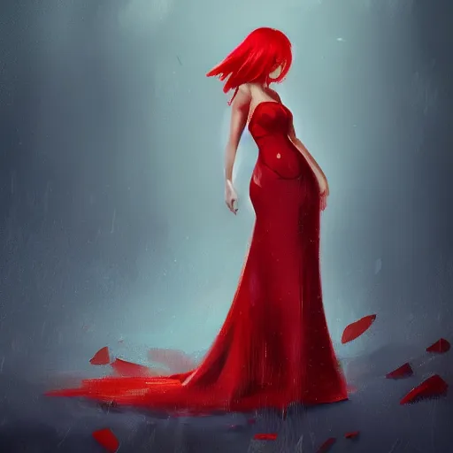 Image similar to a beautiful artwork of a woman with red dress and red hair by riot games, featured on artstation