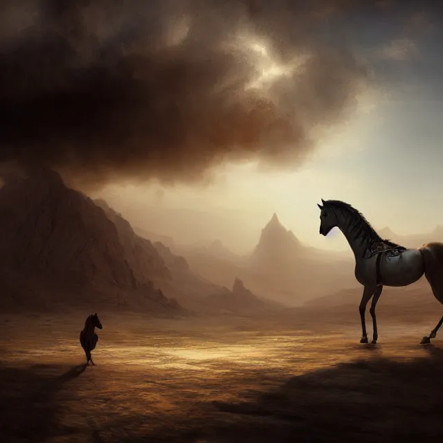 Image similar to arabian horse in the desert, environment, illustration, symmetrical, smoky, unreal engine, colors, epic scene, fantasy art by greg rutkowski,, golden raito, high quality, intricate details, details, intricate, atmosphere, highly detailed, matte painting, cinematic, deviantart, realistic, concept art, 4 k