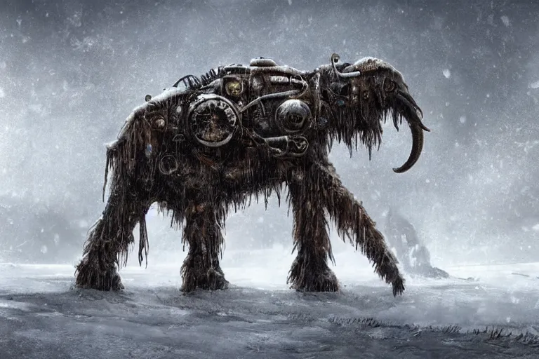 Image similar to a giant steampunk mammoth, post - apocalyptic ice landscape in snowstorm, concept art by hr giger, artstation, highly detailed, digital art
