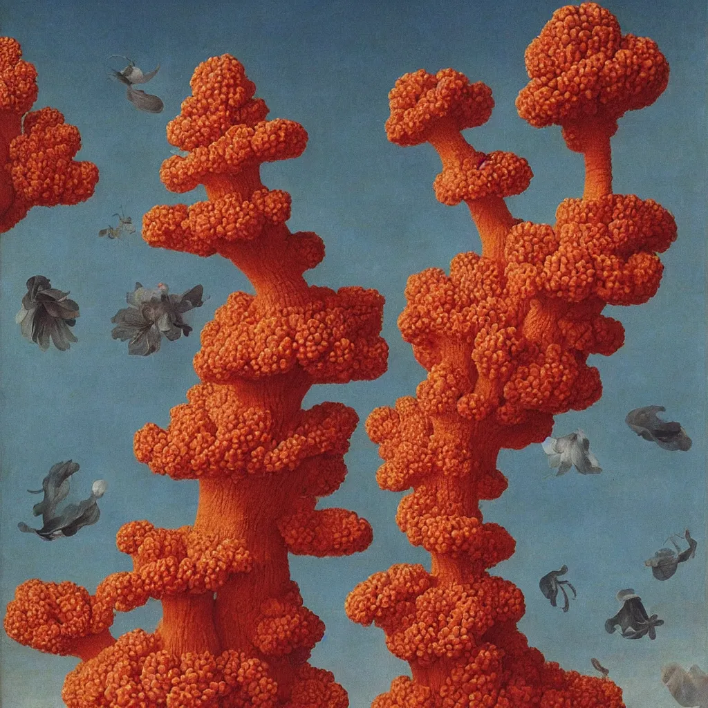 Prompt: a single! colorful! ( coral ) fungus tower clear empty sky, a high contrast!! ultradetailed photorealistic painting by jan van eyck, audubon, rene magritte, agnes pelton, max ernst, walton ford, andreas achenbach, ernst haeckel, hard lighting, masterpiece
