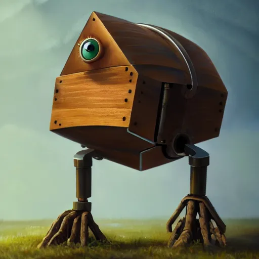 Image similar to a walking wood and metal house with two mechanical legs and two eyes, rust, hyperrealistic, highly detailed, cinematic, single ray of sun, morning, pareidolia, gravity falls style, beautiful, cgssociety, artstation, 8 k, oil painting, digital art