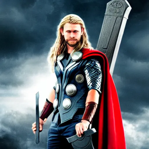 Image similar to thor holding stormbreaker and mjolnir