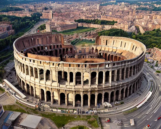 Prompt: A full shot of the roman colosseum redesigned by zaha hadid, overhead view, golden hour, 4K Photograph