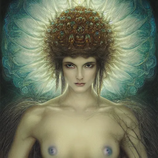 Image similar to perfectly centered portrait, beautiful fractal mushroom goddess, female, flowing hair, intense stare, sweet smile, symmetrical, concept art, intricate detail, volumetric shadows and lighting, realistic oil painting by gustave dore,