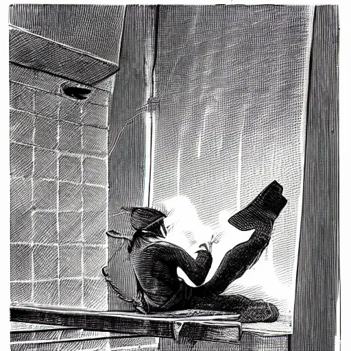 Image similar to aesthetic digital illustration of a sad pirate hanging his head sitting on a prison cot by miyamoto and alex horley - orandelli, sitting in a prison, centered, concept art, deviantart