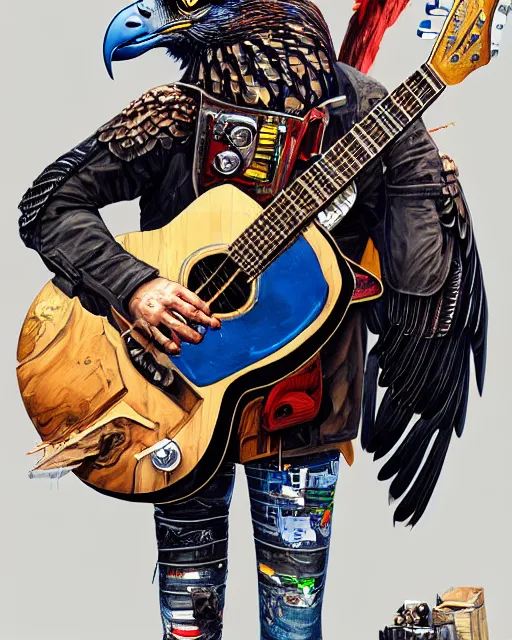 Image similar to a portrait of an anthropomorphic cyberpunk eagle strumming an acoustic guitar by sandra chevrier, by jon foster, detailed render, tape deck, epic composition, cybernetics, 4 k realistic, cryengine, realistic shaded lighting, sharp focus, masterpiece, by enki bilal