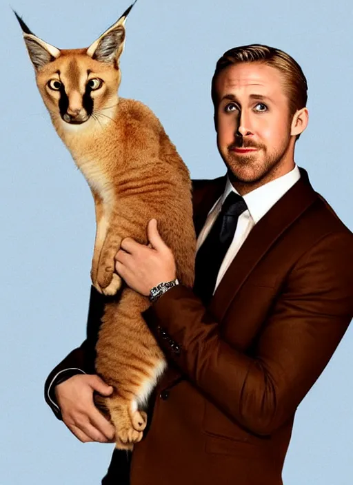 Prompt: Ryan Gosling holds a caracal cat in his hands, ultra highly detailed, smooth, sharp focus, elegant, trending on artstation