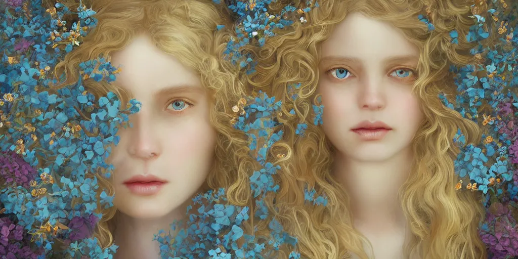 Image similar to breathtaking detailed concept art painting portrait of the hugs goddess of light blue flowers, blond curly hair, orthodox saint, with anxious piercing eyes, ornate background, amalgamation of leaves and flowers, by hsiao - ron cheng, extremely moody lighting, 8 k