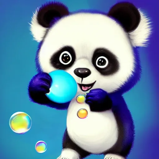 Prompt: Cute little blue panda playing with bubbles digital art trending on artstation by greg rutkowsky by Artgerm by James Gurney