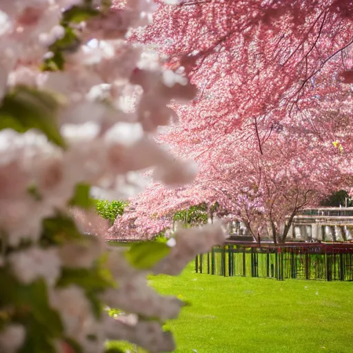 Prompt: perfume buried in cherry - blossom petals with a blurred floral garden in the background