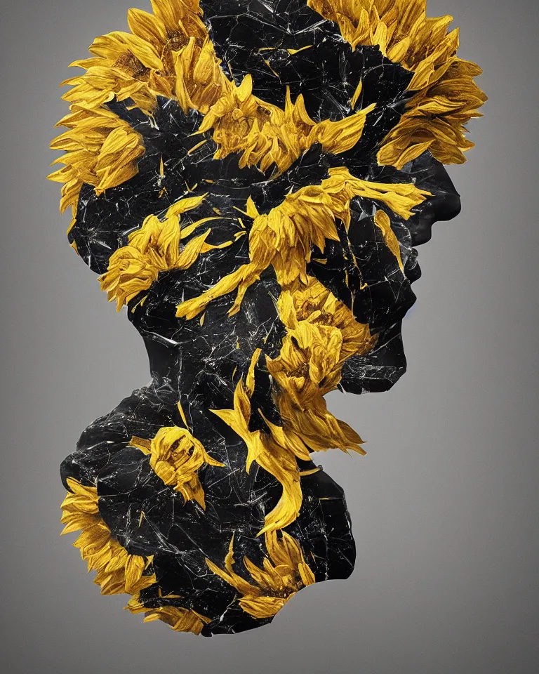 Image similar to symmetrical painting of a fractured obsidian greek statue of a sunflower fixed with kintsugi, rendered in octane trending on cgsociety. extremely detailed and intricate art