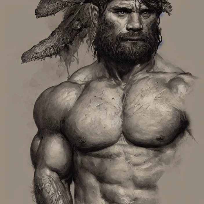 Image similar to portrait of a young sad rugged barbarian, muscular , manowar, upper body, hairy torso, D&D, fantasy, intricate, cinematic lighting, highly detailed, digital painting, artstation, concept art, smooth, sharp focus, illustration by Frank Frazetta, art by Francis Bacon and Greg Rutkowski and Alphonse Mucha