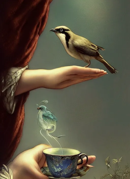 Image similar to a bird holds a cup of tea in its hands, hyperrealism, no blur, 4 k resolution, ultra detailed, style of tyler edlin, tom bagshaw, arthur rackham, ivan shishkin