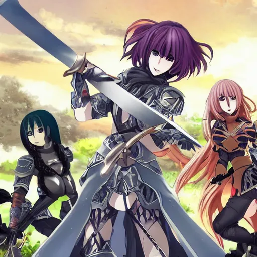 Image similar to anime women in knight armor fighting with swords on aa battlefield