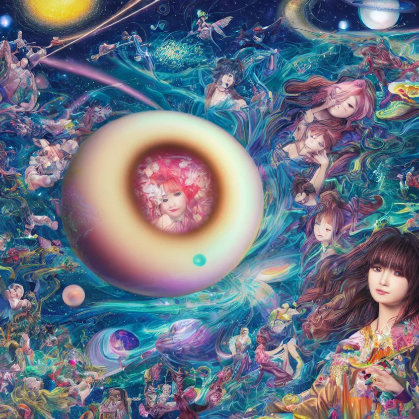 Prompt: a photorealistic detailed superzoom image of a jpop idol in saturn, spiritualism, wordly, utopian, triumphant, cinematic, epic, grandiose, unhinged, biology, surrealistic, by jason felix, dan mumford, kinkade, lisa frank, lois van baarle, ross tran, wpa, public works mural, orthodoxy