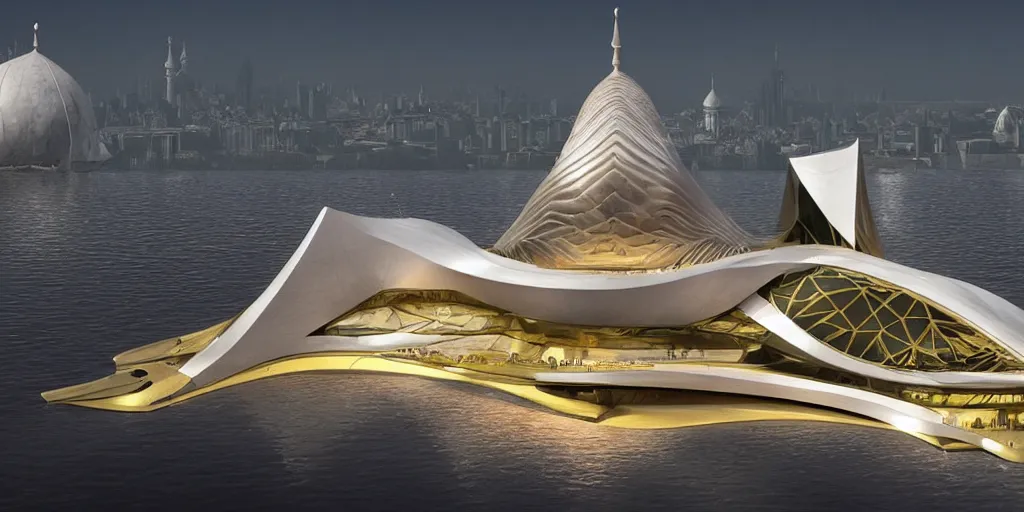 Image similar to mosque floating spaceship by zaha hadid, golds fantasy world