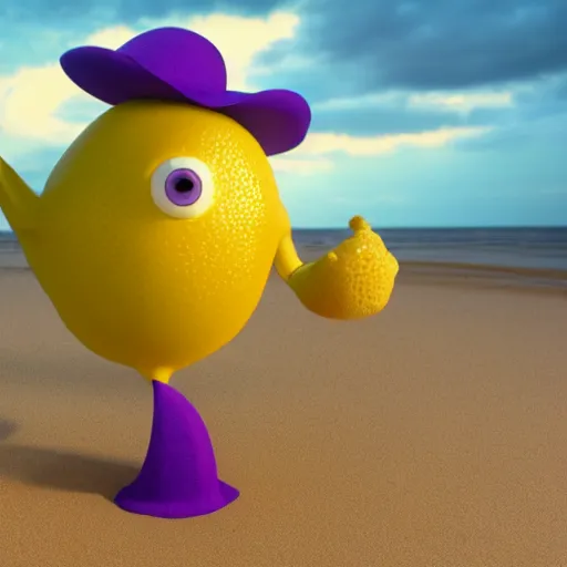 Image similar to 3 d octane render, of an anthropomorphic lemon character looks like monster from the movie وmonsters inc, with lemon skin texture, he is wearing a hat, building a sandcastle on the beach at sunset, beach, huge waves, sun, clouds, long violet and green trees, rim light, cinematic photography, professional, sand, sandcastle, volumetric lightening