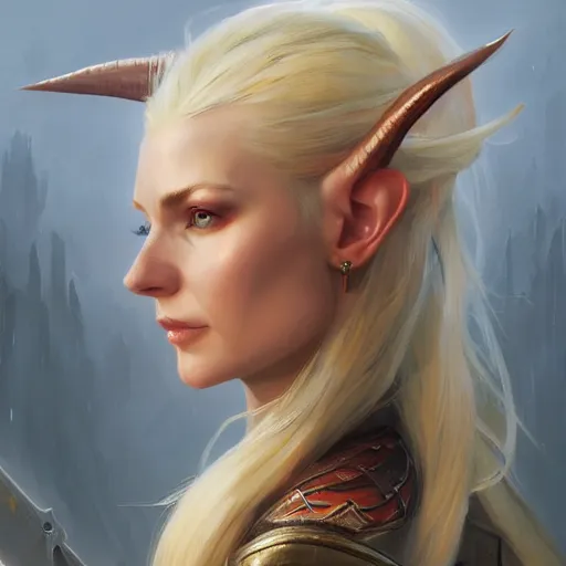 Prompt: A head-on detailed oil fantasy portrait of a pretty elf woman with small horns on her forehead, long blonde hair and bright irises, by greg rutkowski, trending on artstation, dungeon and dragons art