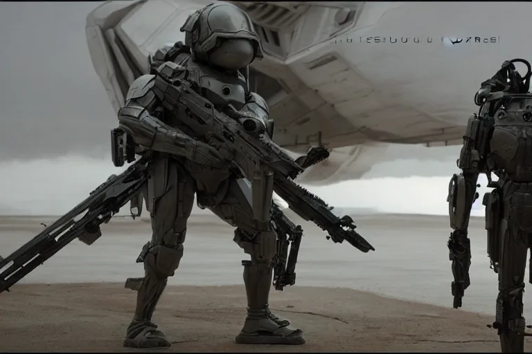 Image similar to vfx movie, sci - fi super soldier in worn military futuristic armor, posing with futuristic rifle in alien technology temple, by emmanuel lubezki