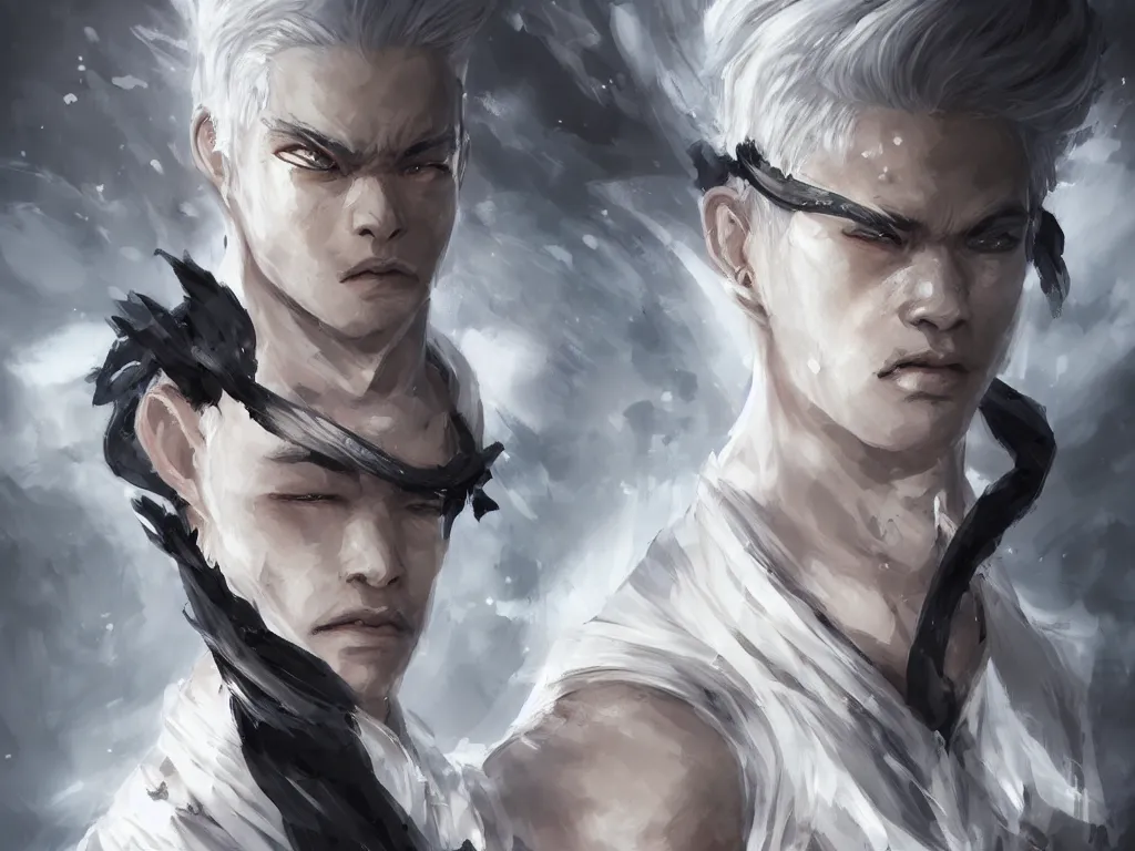 Prompt: a highly detailed illustration of fierce short white haired parted through the middle young attractive asian man, wearing hakama, with black sclera eyes, heroically battle posing, intricate, elegant, highly detailed, centered, digital painting, artstation, concept art, smooth, sharp focus, league of legends concept art, WLOP
