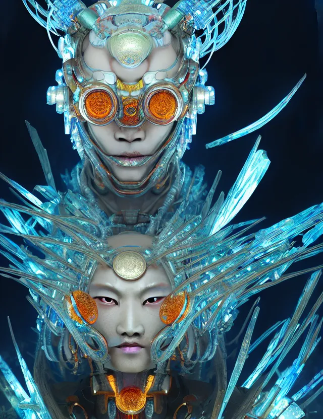 Image similar to asura from chinese myth, ghost, gorgeous and huge head ornaments, dystopian, cyberpunk, organic fractal mycelum and fungi, mecha, halfturn portrait of a big crystal face made of crystals half - turn, ominous, intricate, studio, art by anthony macbain + greg rutkowski + alphonse mucha, concept art, 4 k, sharp focus