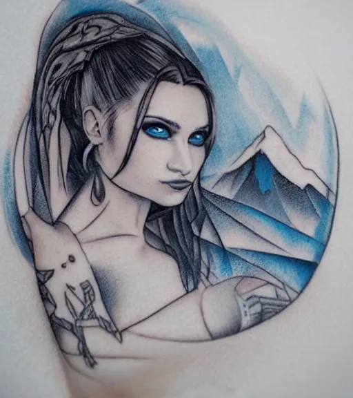 Image similar to tattoo design sketch of a beautiful blue - eyed woman face with a faded background of beautiful mountains and nature on her side, hyper - realistic, in the style of den yakovlev, amazing detail, black and white