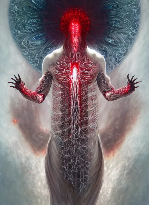 Image similar to cthonic resonance, red and white fractal glowing eyes, genetically augmented pale white young man wreathed in white gold flames, tracing the central nervous system throughout his body, fantasy, extremely detailed, digital painting, artstation, concept art, smooth, sharp focus, illustration, stunning lighting, art by artgerm and greg rutkowski and alphonse mucha and simon stalenhag, realistic character concept, high fantasy, dark atmosphere, golden ratio, cinematic lighting, hyperdetailed, high resolution, a 12x(very) much insanely detailed and intricate, artstation, Marc Simonetti, Greg Rutkowski, 8k