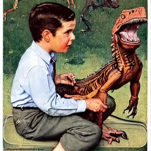 Prompt: a Norman Rockwell painting of a boy and his dinosaur velociraptor