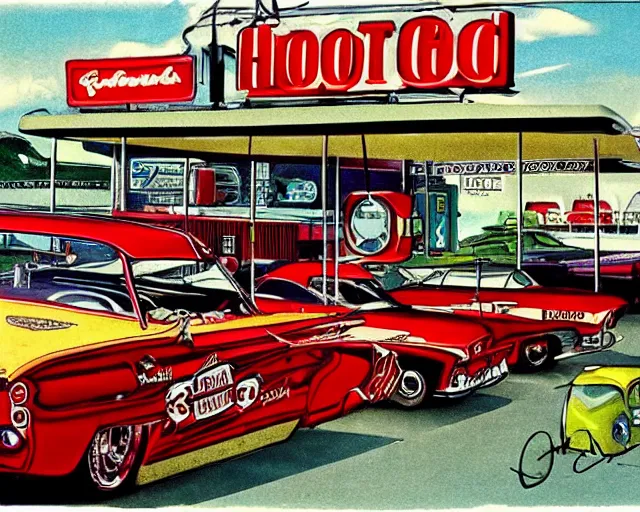 Prompt: beautiful illustration of 1 9 6 0 s gas station, hot rods parked outside, rockabilly girls