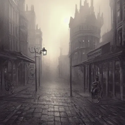 Image similar to victorian city, dark, misty, at night, 8 k, detailed, concept art, trending on artstation