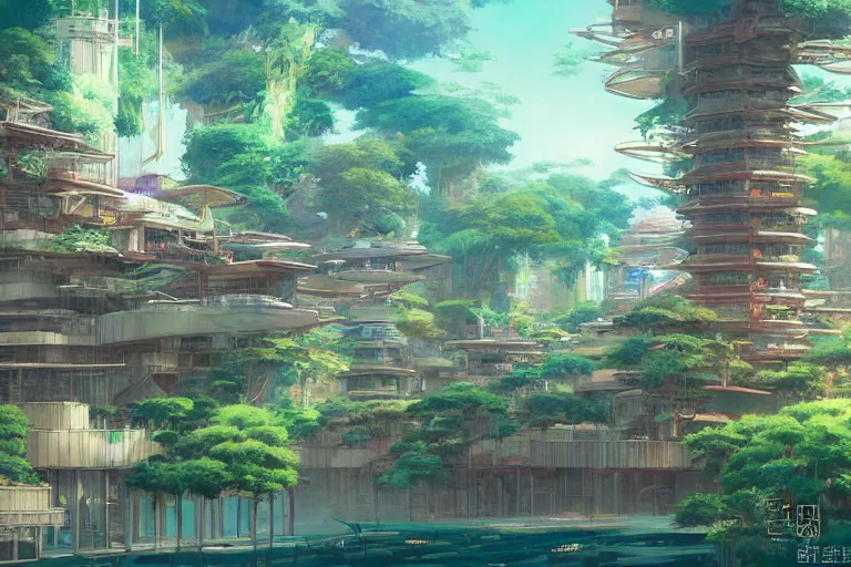 Image similar to solarpunk kowloont by frank lloyd wright, still from studio ghibli anime movie, cyberpunk tree house, digital art, artgerm, trending on artstation