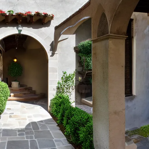 Prompt: paved porch with staircase on the left that goes to the first floor in an italian courtyard