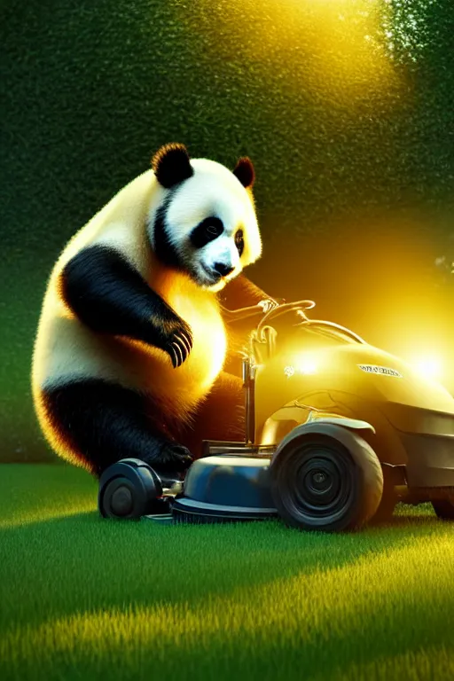 Prompt: a panda is pushing an oldshool lawn mower mowing his lawn, suburban garden, golden hour, cgsociety and beeple highly detailed, cinematic lighting, illustration, art, octane render, unreal engine lumen, very coherent. cinematic, hyper realism, high detail, octane render, 8 k