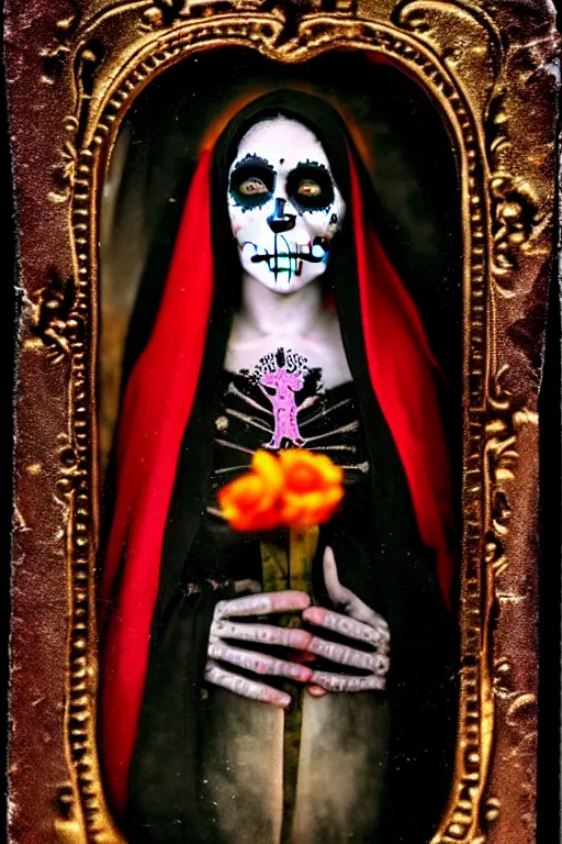 Image similar to tintype virgin mary in dia de muertos dress and make up, horrific beautiful vibe, evocative, atmospheric lighting, painted, intricate, highly detailed,