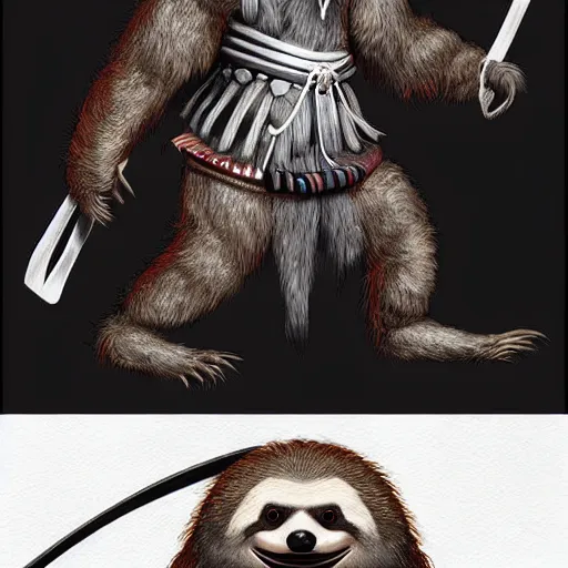 Image similar to graphic, hyperreal illustration of anthropomorphic sloth in traditional samurai armor : : digital art, concept art, character development