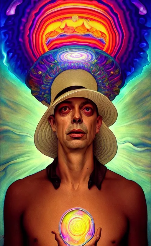 Image similar to An extremely psychedelic celestial larry harvey in his white fedora hat, colorful, surreal, dramatic lighting, magic mushrooms, psilocybin, LSD, face, detailed, intricate, elegant, highly detailed, digital painting, artstation, concept art, smooth, sharp focus, illustration, art by Krenz Cushart and Artem Demura and alphonse mucha