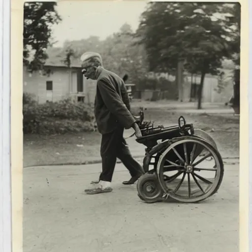 Prompt: photograph of an eldery gentleman towing a howitzer! artillery! which is connected to his mobility scooter, on a street