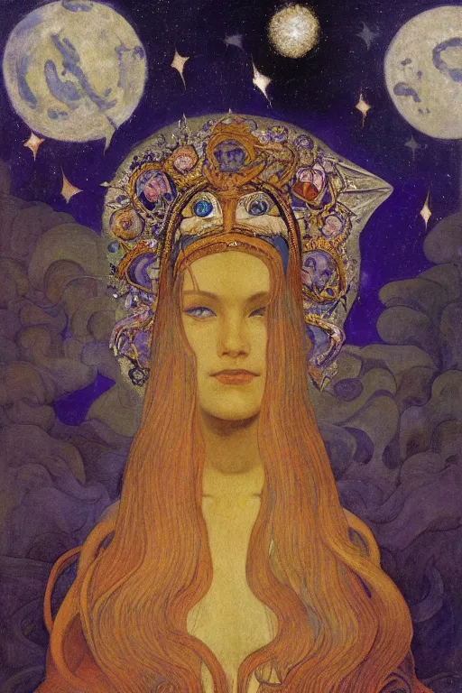 Image similar to queen of the moon with stars in her hair by Nicholas Roerich and Annie Swynnerton and Diego Rivera and jean delville and Carl Larsson, dramatic cinematic lighting , dark skin, silver jewelry, ornate headdress, flowing robes, sacred artifacts, lost civilizations, smooth, sharp focus, extremely detailed