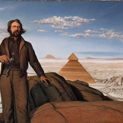 Prompt: 19th century scruffy american trapper, standing atop boulder overlooking expanse, sphinx in distance, pulp science fiction illustration, mobius artwork