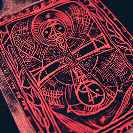 Image similar to tarot card on black paper of intricate red illustration of runes