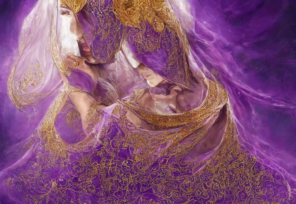 Prompt: a beautiful woman wearing a white niqab made of silk with golden jewelry and diamonds by alex gray and android jones, ornate purple background, karol bak, ayami kojima, arabian, concept art, fantasy,