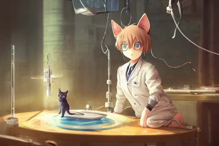 Image similar to anime neko woman scientis with cat ears wearing a lab coat looking at a measuring device on a table, highly detailed illustration, digital art, 4 k, by yoshitaka amano, by greg rutkowski, by dan mumford, beautiful face, warm lighting, atmoshpheric, trending on artstation, octane render