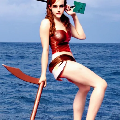 Prompt: a full body photo of emma watson as nami from one piece holding a trident in one hand, award winning photography, 50 mm, perfect faces.