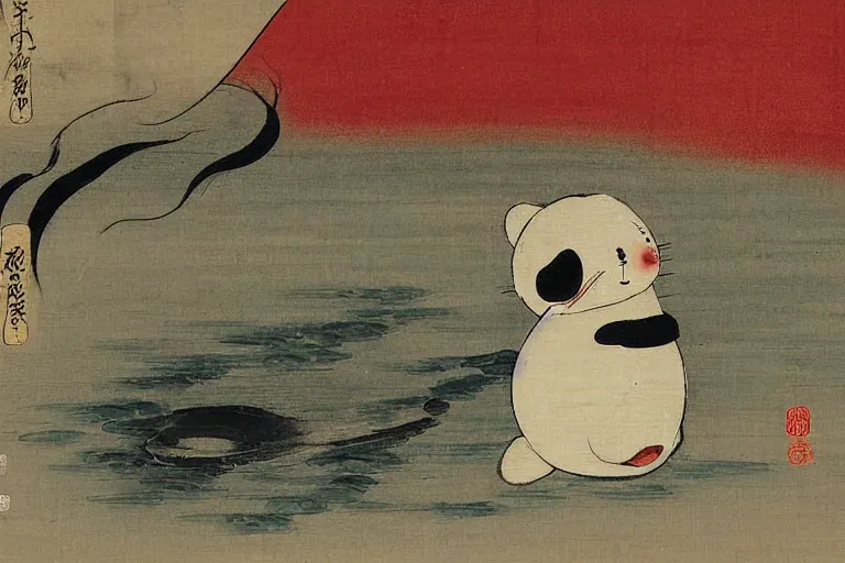 Prompt: baby harp seal as Yōkai, Japanese painting, 1800