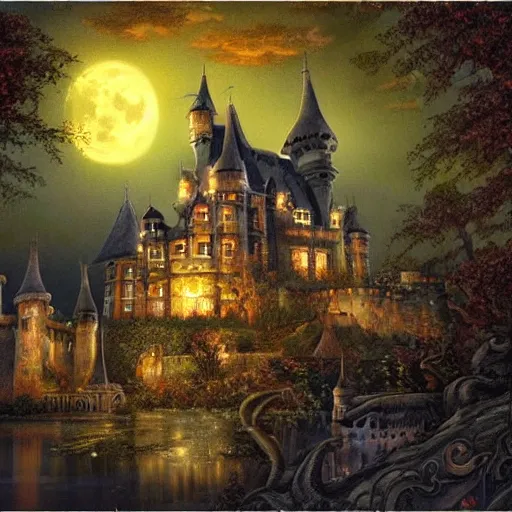 Image similar to elaborate fantasy painting of haunted castle at night, full moon, fantasy book cover