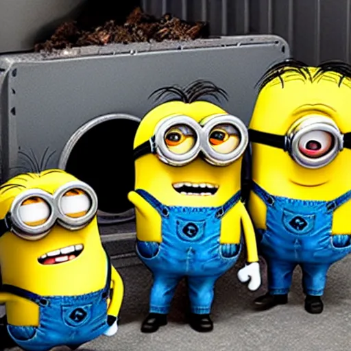 Image similar to photograph of several minions from despicable me being compacted by a trash compactor